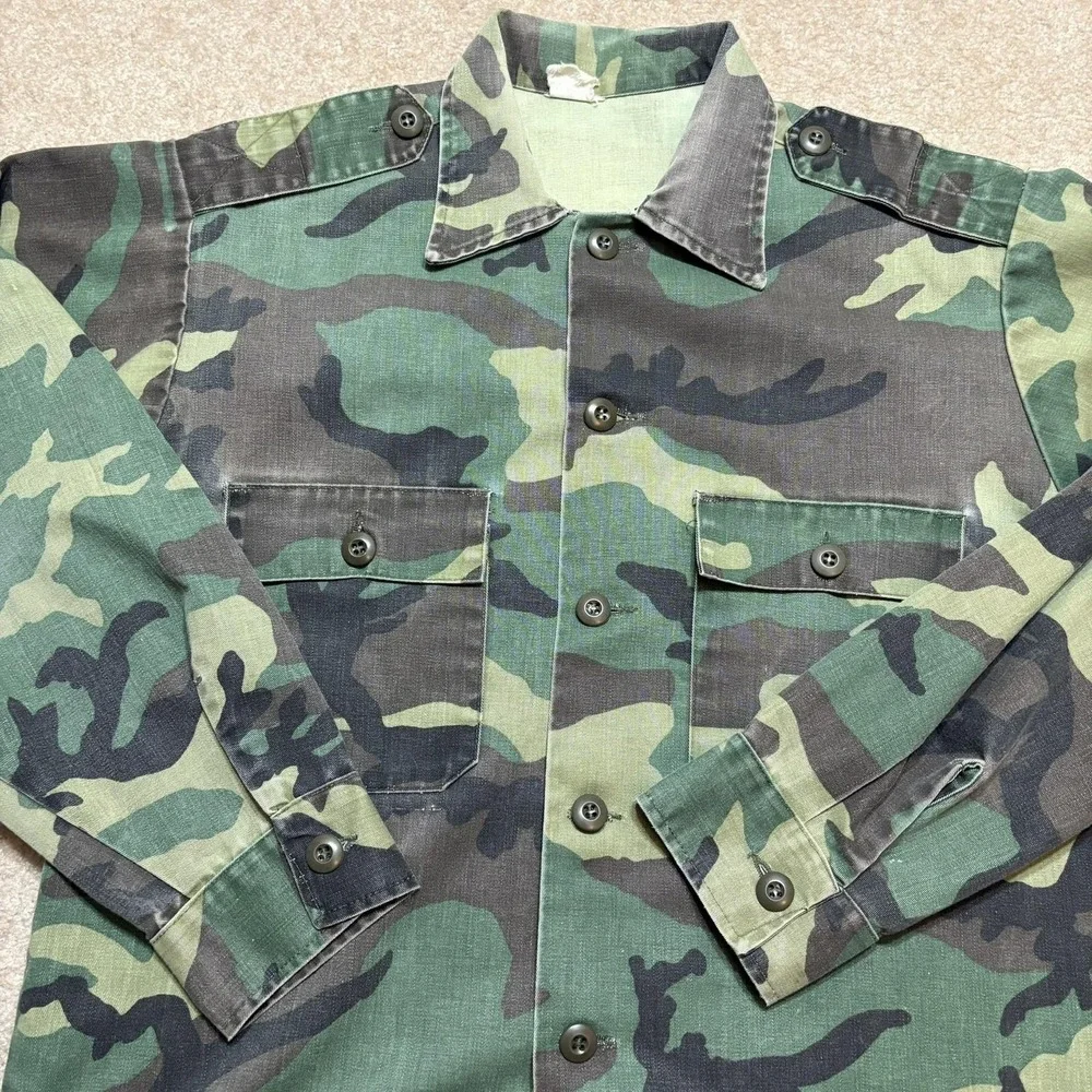 US Army OG-507 Shirt Woodland Camo BDU Mens Large Green‎ Twill Button 70s 80s
